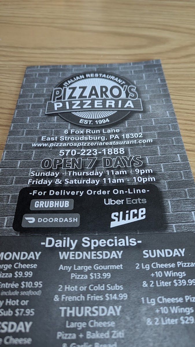 Pizzaro's Menu - Image 1